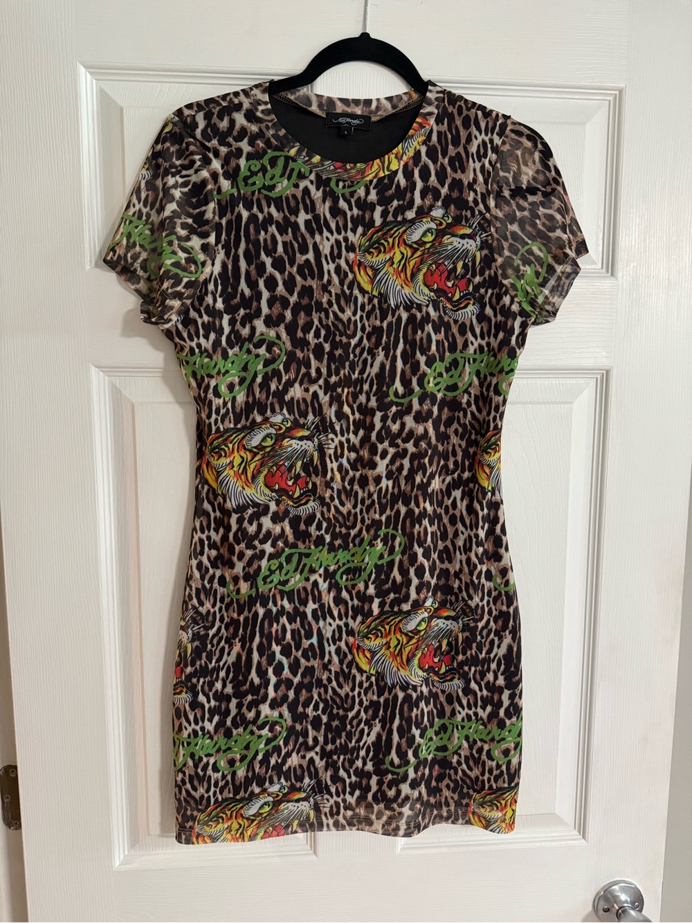 Ed Hardy mesh short sleeve leopard mini dress